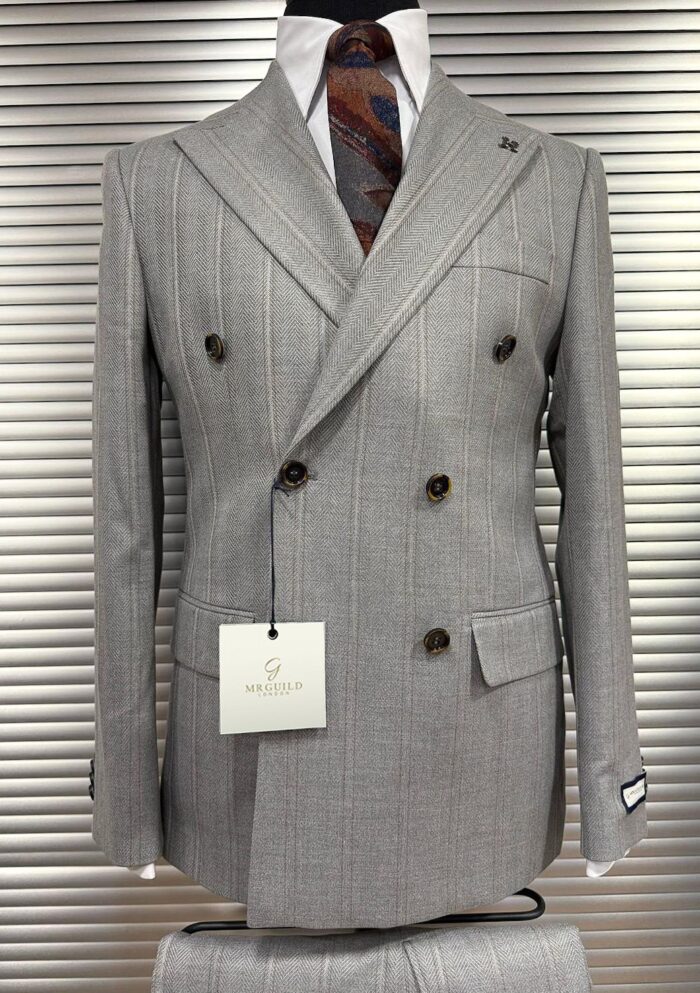 Gautrey Road Tailored slim fit herringbone light grey base brown pinstripe double breasted two piece suit with peak lapels