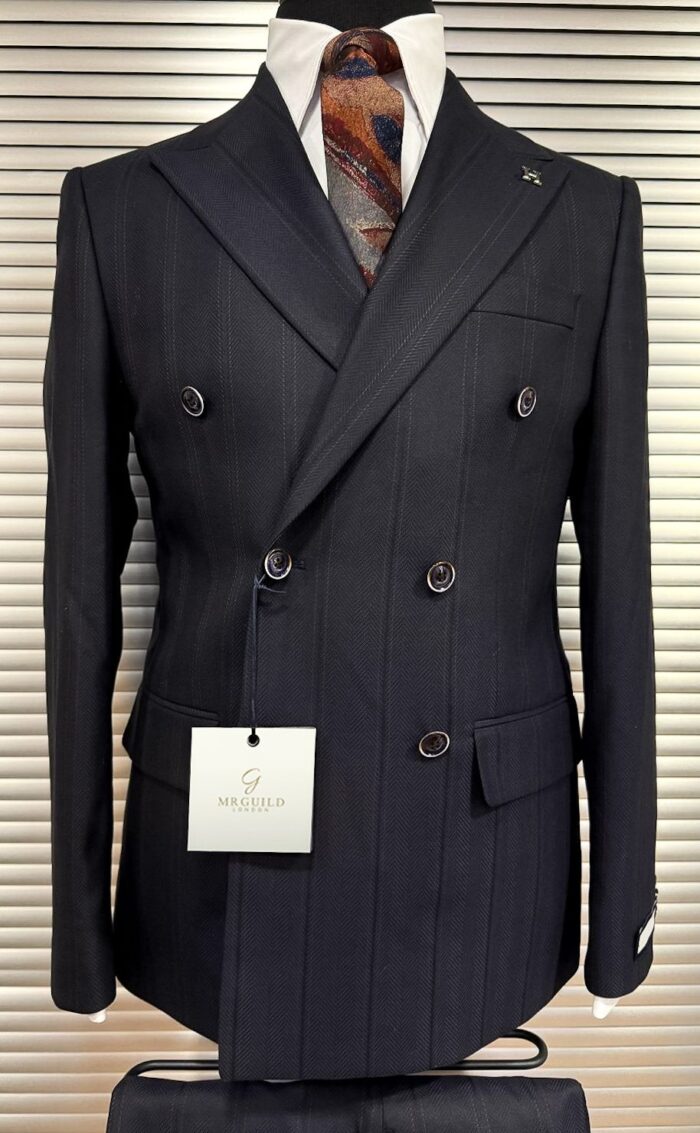 Alford Place TAILORED SLIM FIT HERRINGBONE DARK NAVY BLUE PINSTRIPE DOUBLE BREASTED MEN’S SUIT