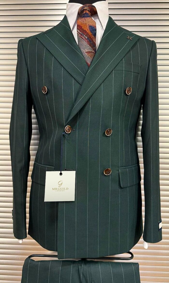 Lockyer Place Tailored slim fit forest green double breasted pinstripe men’s suit with peak lapels