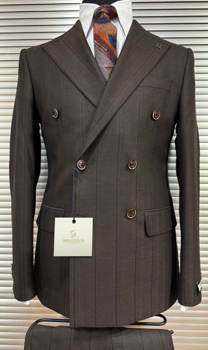 Edwin Street Slim fit herringbone with pinstripe dark brown double breasted two piece men’s suit with peak lapels