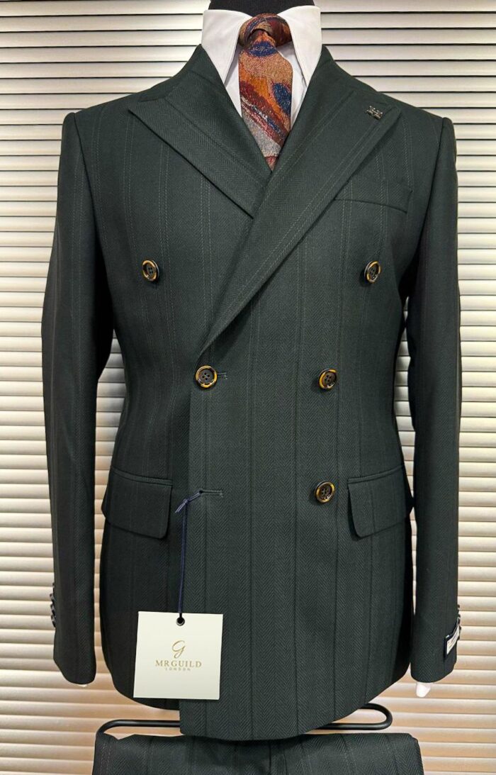 Kilburn Place Tailored slim fit herringbone forest green double breasted pinstripe men’s suit with peak lapels