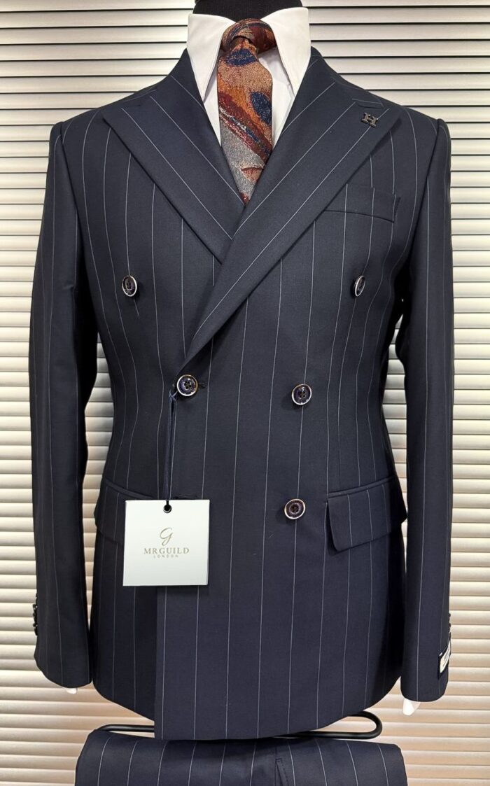 Hopetown Street TAILORED SLIM FIT HERRINGBONE DARK NAVY BLUE PINSTRIPE DOUBLE BREASTED MEN’S SUIT