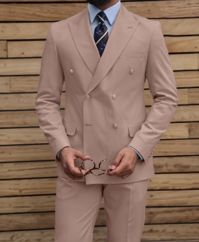 Rowan Terrace TAILORED SLIM FIT WHEAT CREAM DOUBLE BREASTED MEN’S SUIT WITH PEAK LAPELS WITH DECORATIVE GOLD BUTTONS