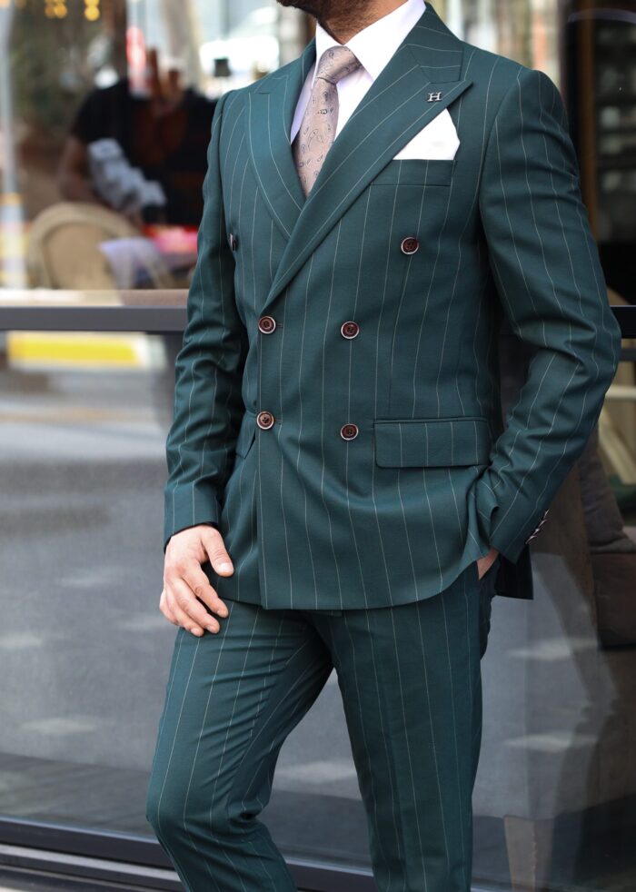 Lockyer Place Tailored slim fit forest green double breasted pinstripe men’s suit with peak lapels