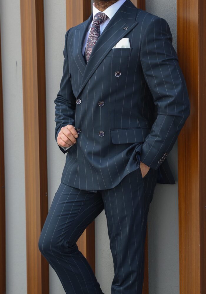 Hopetown Street TAILORED SLIM FIT HERRINGBONE DARK NAVY BLUE PINSTRIPE DOUBLE BREASTED MEN’S SUIT