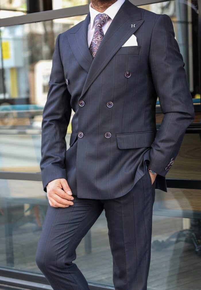 Alford Place TAILORED SLIM FIT HERRINGBONE DARK NAVY BLUE PINSTRIPE DOUBLE BREASTED MEN’S SUIT