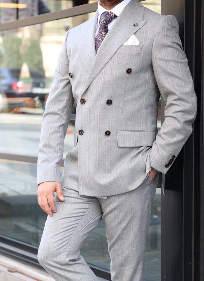 Gautrey Road Tailored slim fit herringbone light grey base brown pinstripe double breasted two piece suit with peak lapels