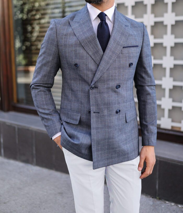 Newell Street Slim fit navy paired with white trousers mixed double breasted men’s suit with peak lapels