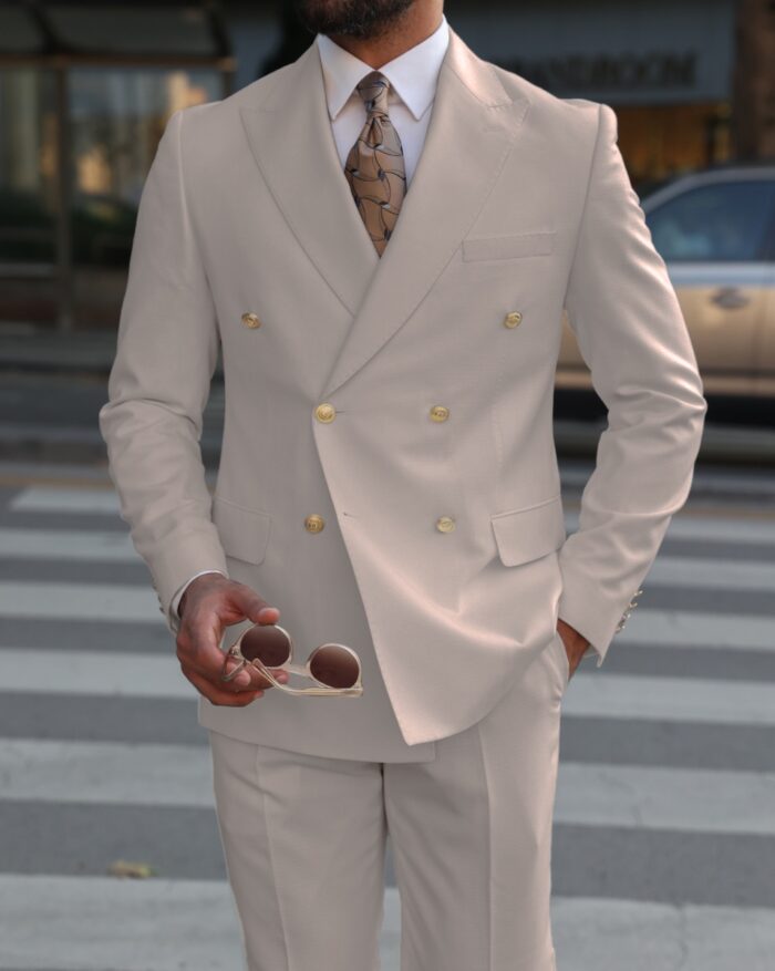 Douglas Place Tailored slim fit cream double breasted men’s suit WITH PEAK LAPEL DECORATIVE GOLD BUTTONS