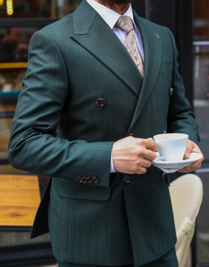Kilburn Place Tailored slim fit herringbone forest green double breasted pinstripe men’s suit with peak lapels