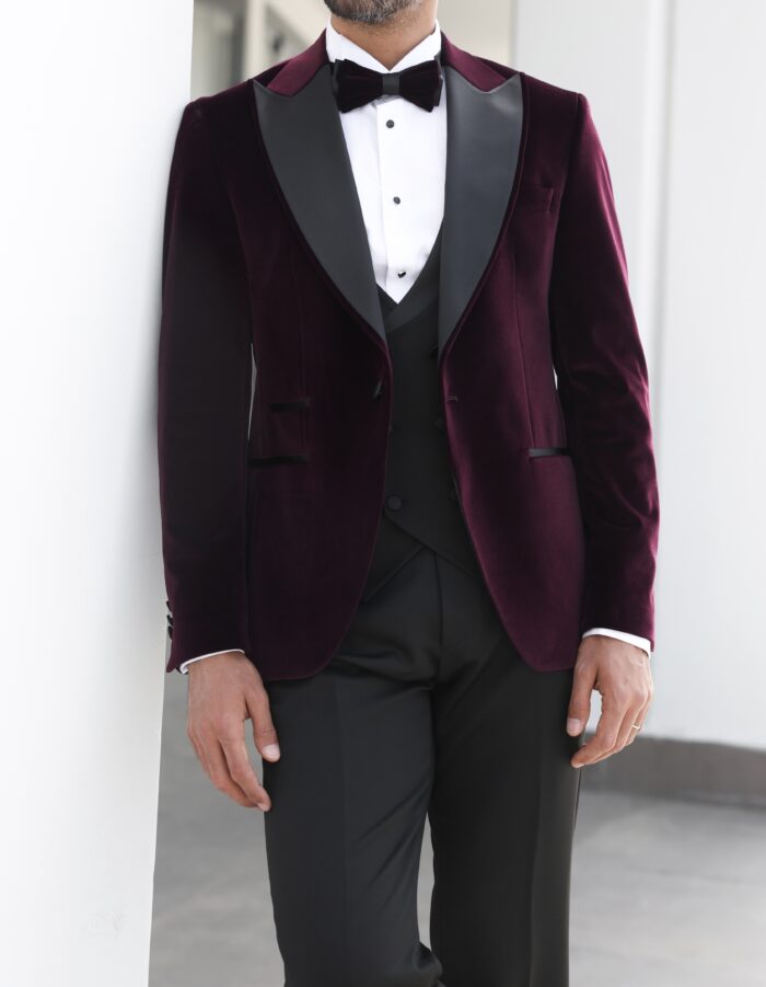 Winsland Street Slim fit burgundy velvet three piece men’s tuxedo suit with satin peak lapels