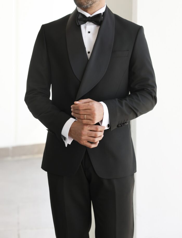Milliner Street Slim fit all black double breasted men’s tuxedo suit with shawl lapels