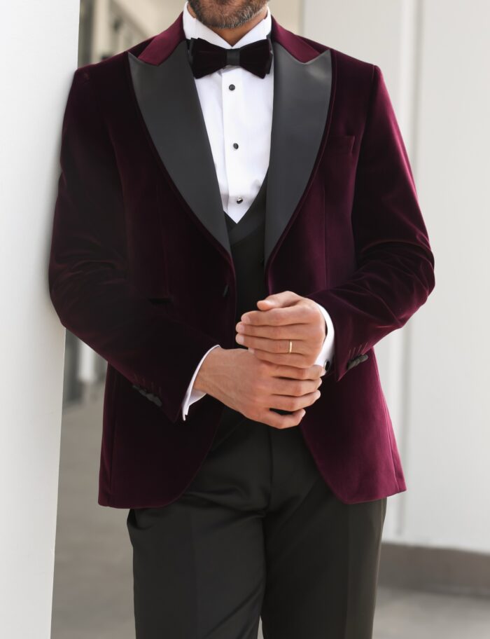 Winsland Street Slim fit burgundy velvet three piece men’s tuxedo suit with satin peak lapels