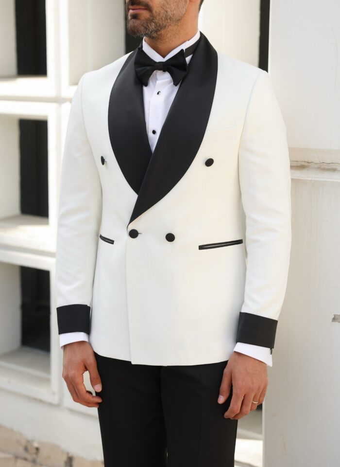 Foreman Court Tailored slim fit white double breasted men’s tuxedo with black satin shawl lapels