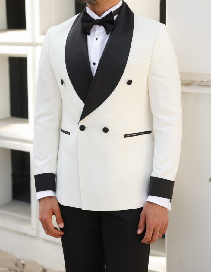 Foreman Court Tailored slim fit white double breasted men’s tuxedo with black satin shawl lapels