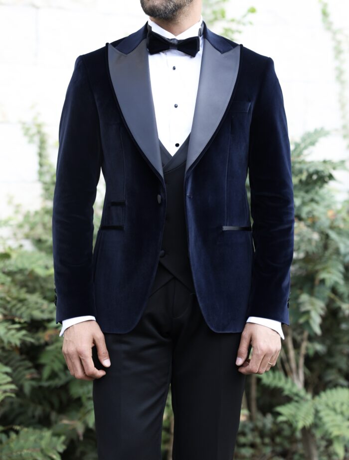 Surrey Steps Slim fit dark blue velvet three piece men’s tuxedo suit with satin peak lapels