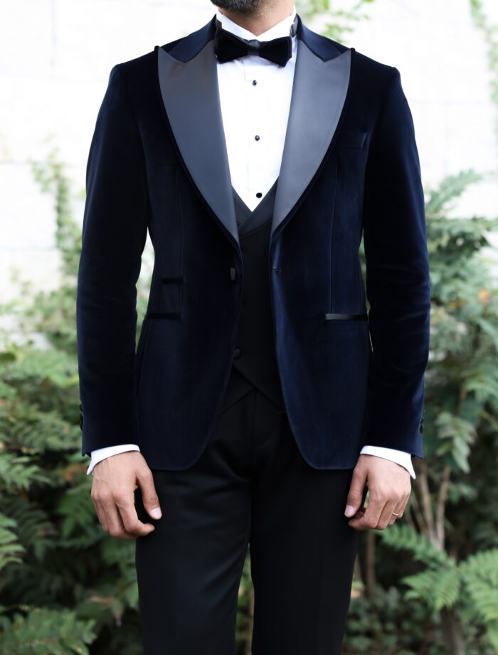 Surrey Steps Slim fit dark blue velvet three piece men’s tuxedo suit with satin peak lapels