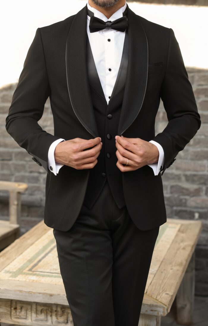Balham Station Slim fit black three piece men’s tuxedo suit with shawl lapels