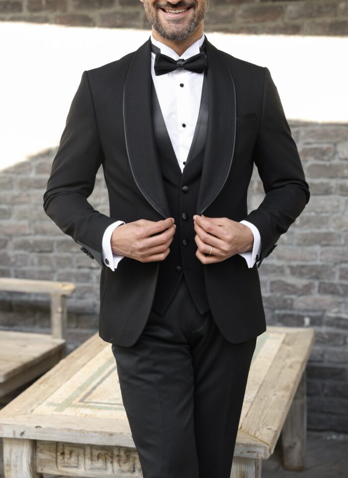 Balham Station Slim fit black three piece men’s tuxedo suit with shawl lapels
