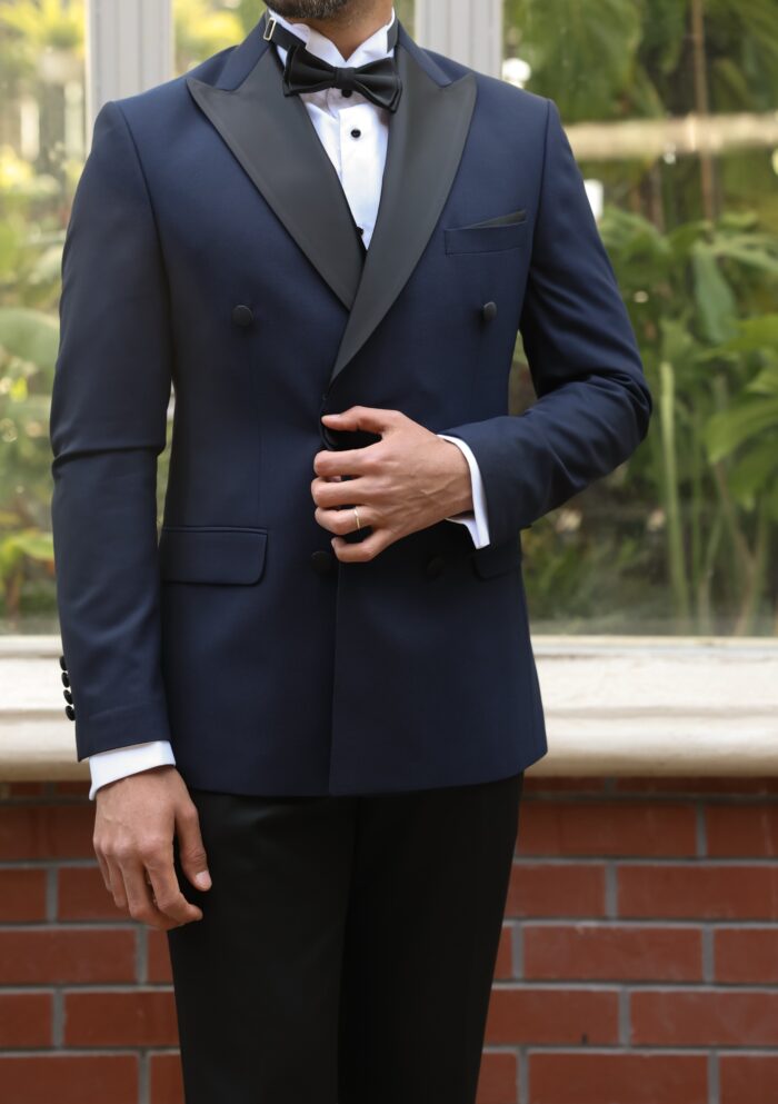 Globe Terrace Tailored slim fit blue double breasted men’s tuxedo with black satin peak lapels