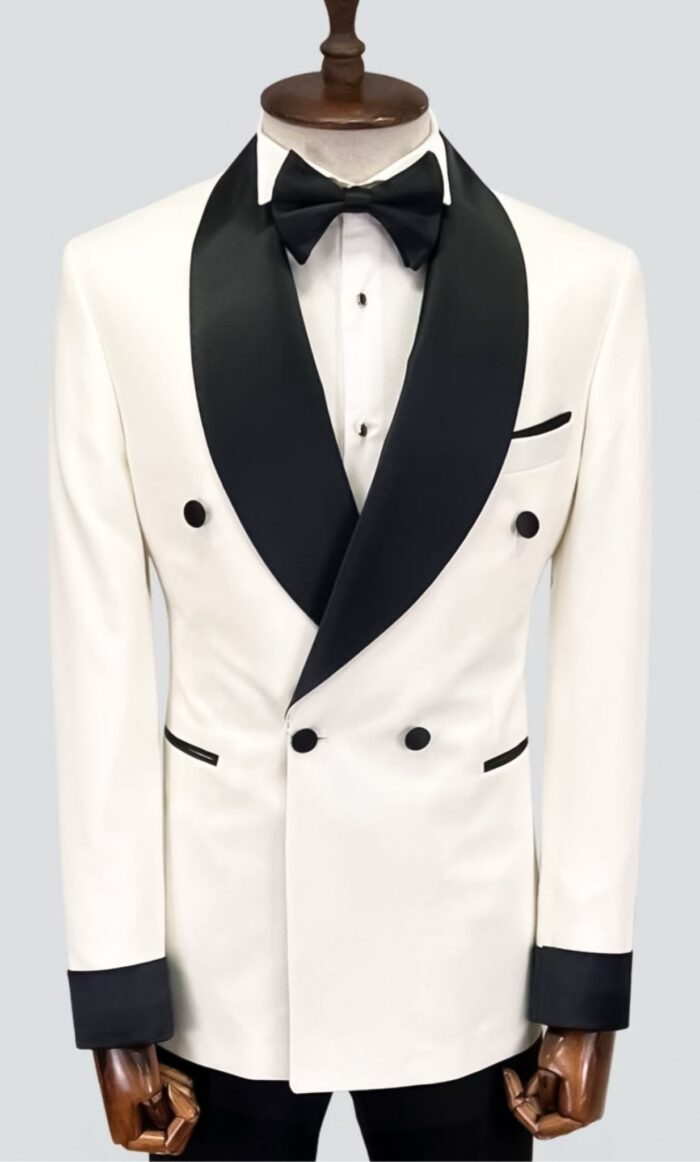 Foreman Court Tailored slim fit white double breasted men’s tuxedo with black satin shawl lapels