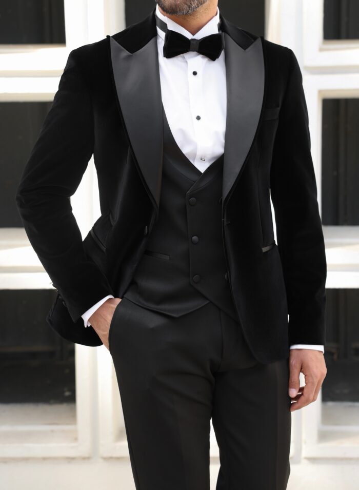 Pastor Street Slim fit black velvet three piece men’s tuxedo suit with satin peak lapels