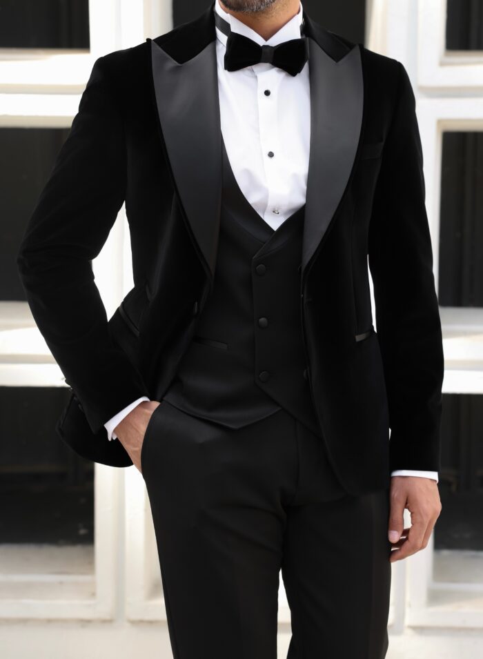 Pastor Street Slim fit black velvet three piece men’s tuxedo suit with satin peak lapels