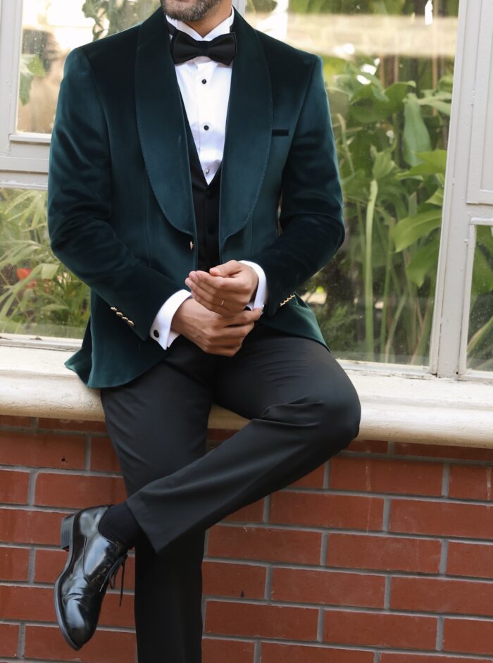 Dormer Mews Slim fit emerald green velvet three piece men’s tuxedo suit with velvet shawl lapels