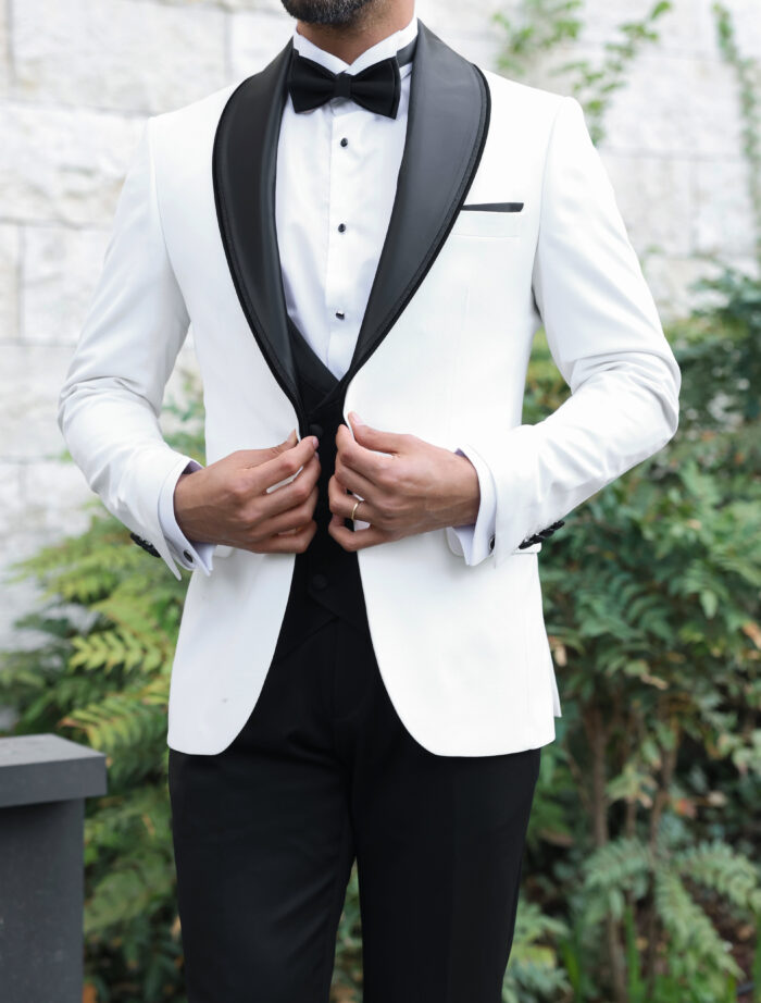 Warspite Road Tailored slim fit white men’s tuxedo with black satin shawl lapels