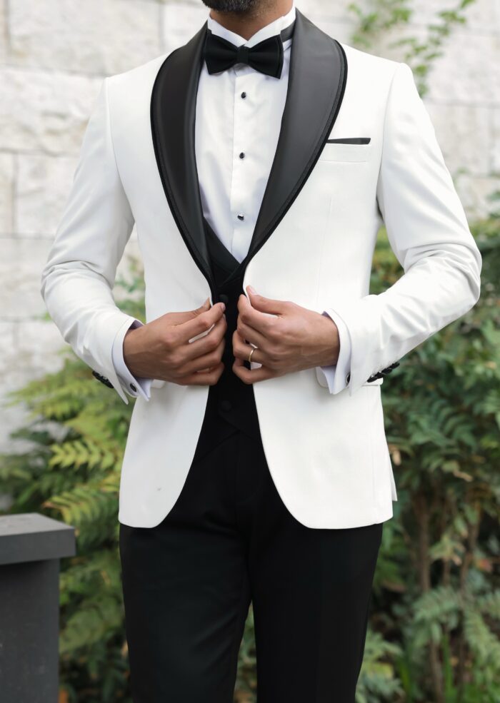 Warspite Road Tailored slim fit white men’s tuxedo with black satin shawl lapels