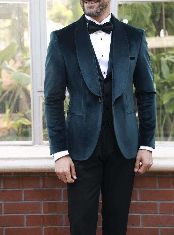 Dormer Mews Slim fit petrol blue velvet three piece men’s tuxedo suit with velvet shawl lapels
