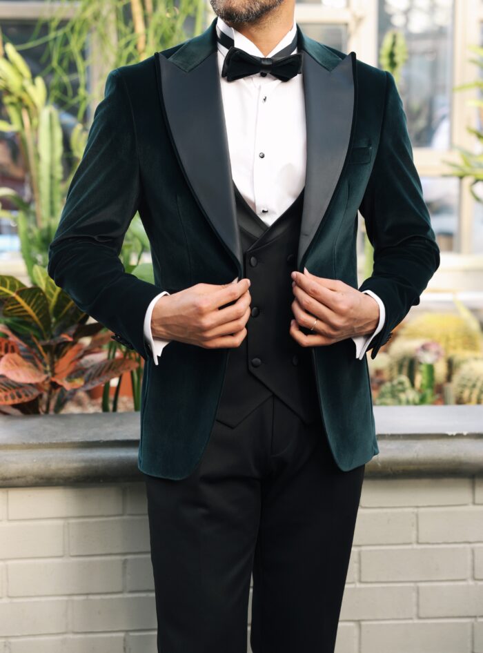 Summer Grove Slim fit petrol blue velvet three piece men’s tuxedo suit with satin peak lapels