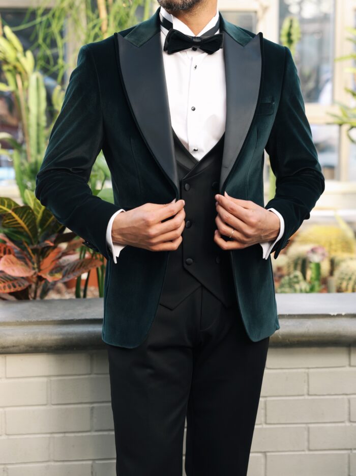 Summer Grove Slim fit emerald green velvet three piece men’s tuxedo suit with satin peak lapels