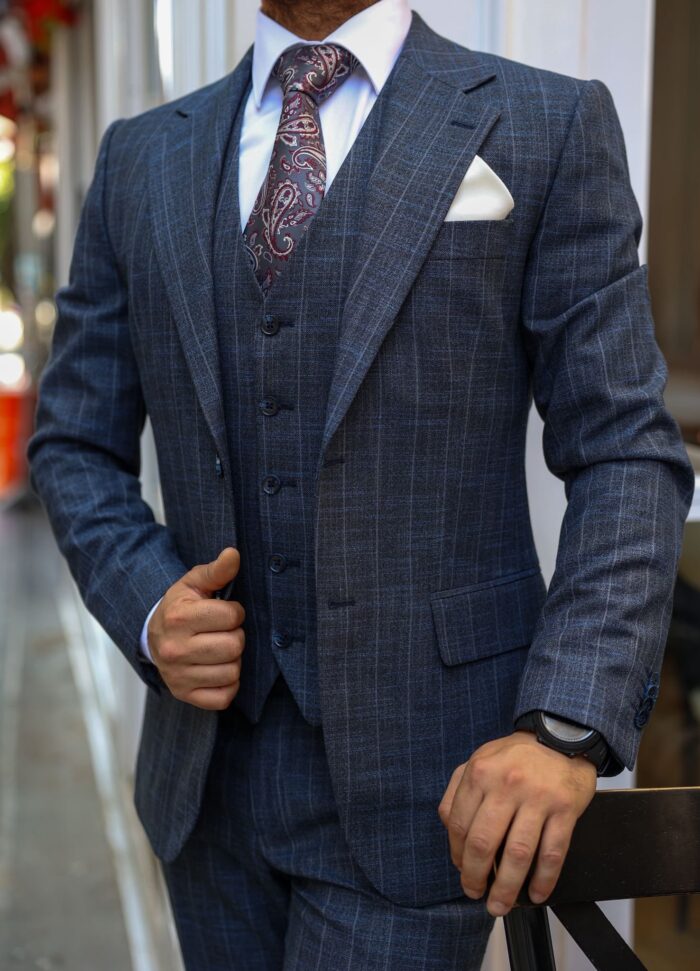 Jenkins Mews Slim fit navy blue pinstripe three piece men’s suit with notch lapels