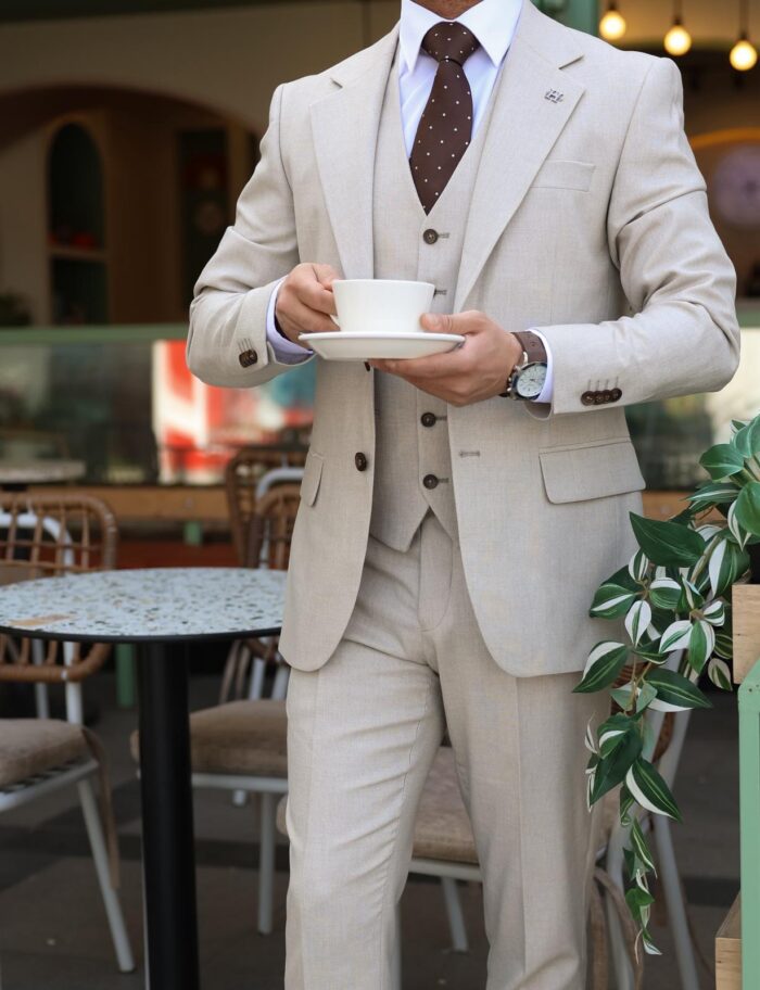 Merton Road SLIM FIT CREAM MEN’S THREE PIECE SUIT WITH NOTCH LAPELS