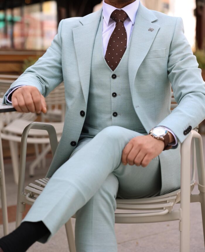 Ayres Street SLIM FIT LIGHT MINT BLUE THREE PIECE MEN’S SUIT WITH NOTCH LAPELS