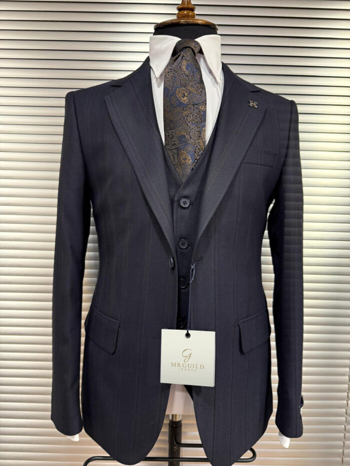 Brook Drive Slim fit herringbone dark navy pinstripe men’s three piece suit with notch lapels