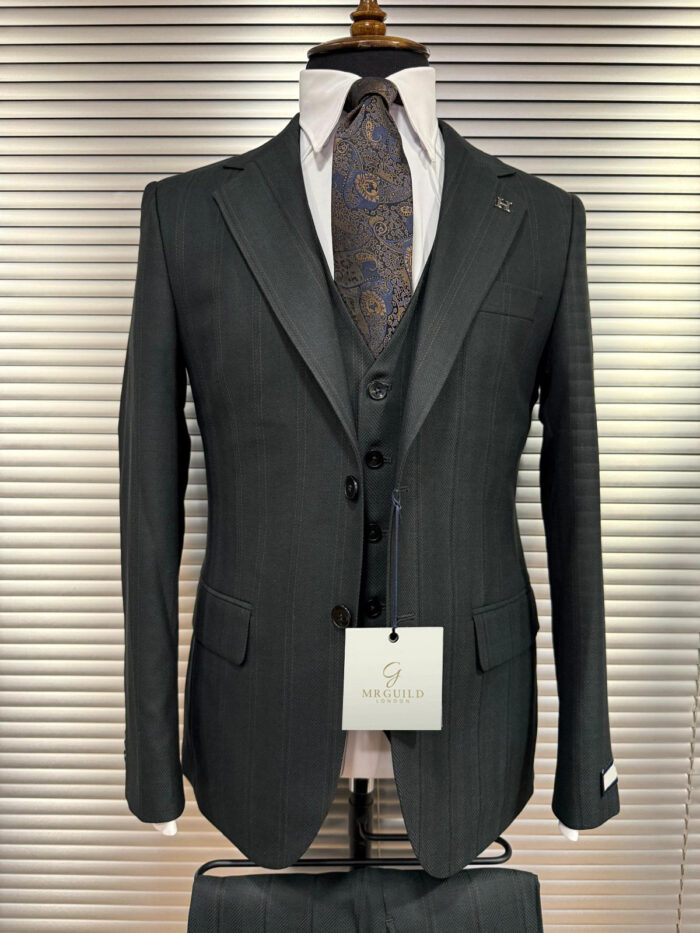 Murdoch Street Slim fit herringbone green pinstripe men’s three piece suit with notch lapels