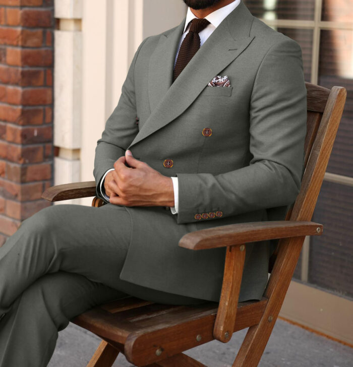 Granville Grove Slim fit green double breasted two piece men’s suit with peak lapels