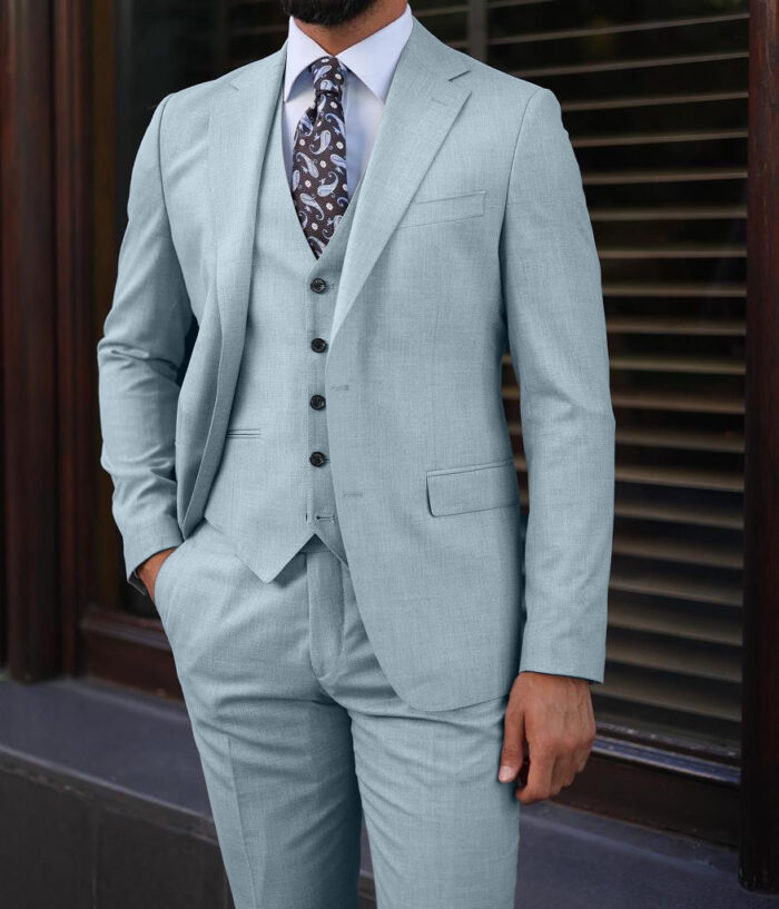 Ayres Street SLIM FIT LIGHT MINT BLUE THREE PIECE MEN’S SUIT WITH NOTCH LAPELS