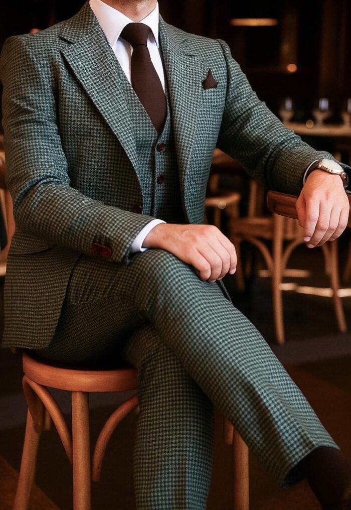 Albemarle Way SLIM FIT FOREST GREEN HOUNDSTOOTH MEN’S THREE PIECE SUIT WITH NOTCH LAPELS