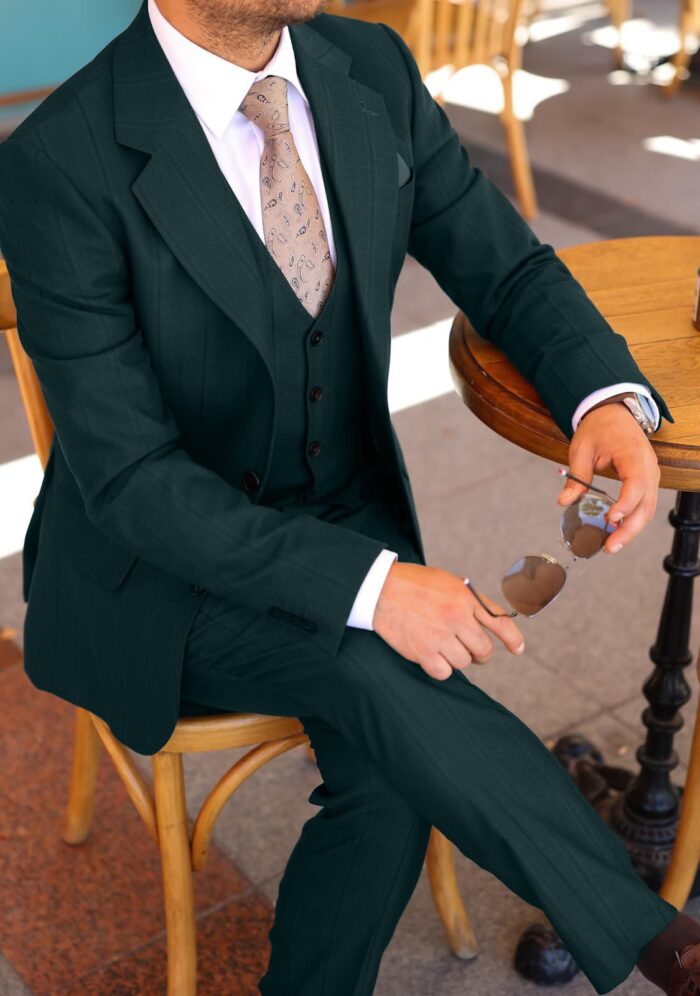 Murdoch Street Slim fit herringbone green pinstripe men’s three piece suit with notch lapels