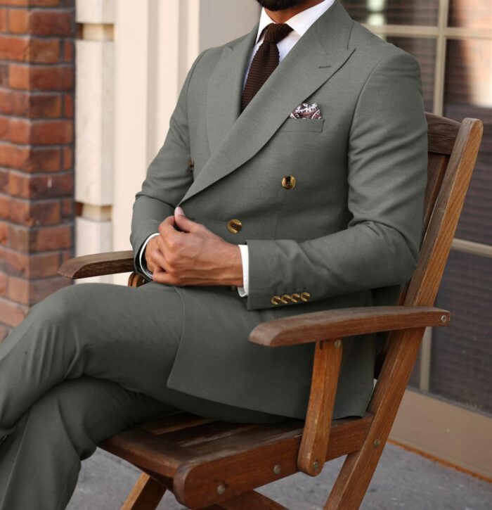 Granville Grove Slim fit green double breasted two piece men’s suit with peak lapels