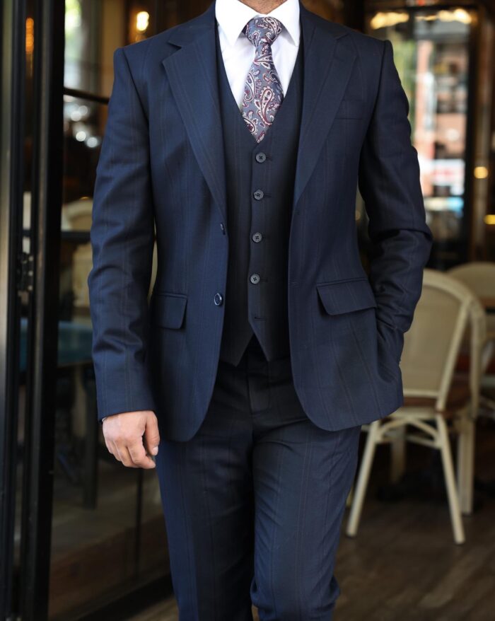 Brook Drive Slim fit herringbone dark navy pinstripe men’s three piece suit with notch lapels