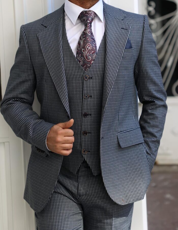 Temple Place SLIM FIT NAVY BLUE HOUNDSTOOTH MEN’S THREE PIECE SUIT WITH NOTCH LAPELS