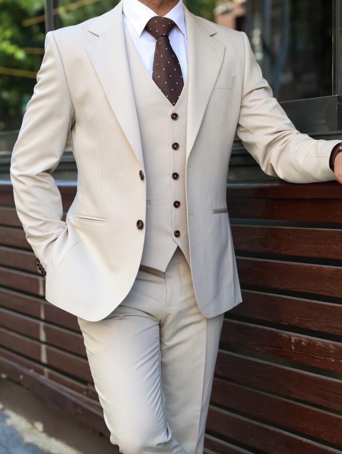 Smithfield Street SLIM FIT CREAM MEN’S THREE PIECE SUIT WITH NOTCH LAPELS