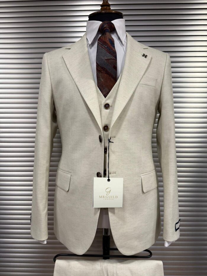 Clore Lane Slim fit cream herringbone men’s three piece suit with notch lapels