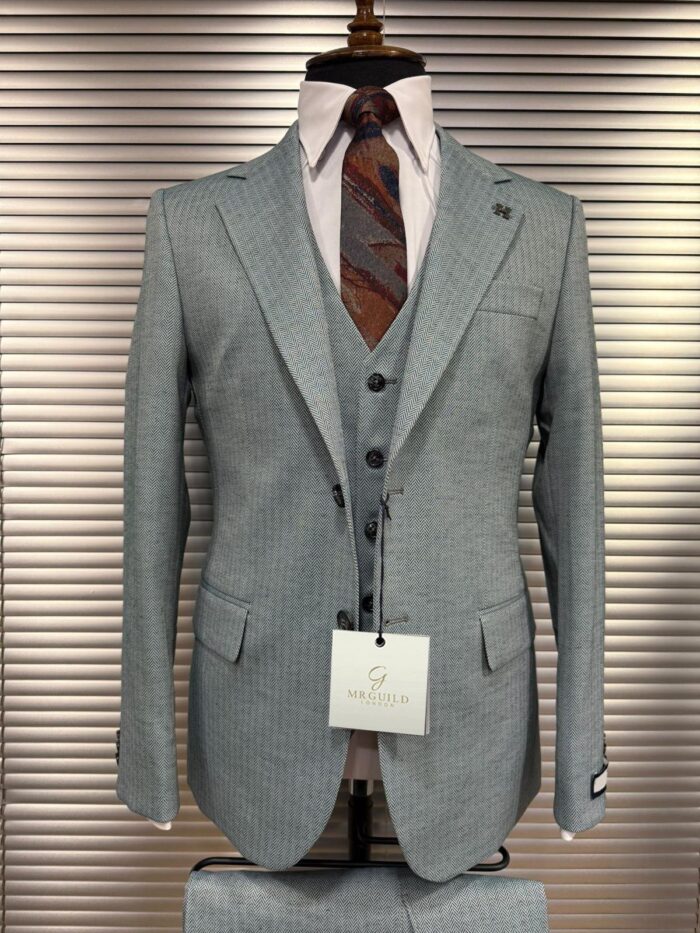 Chester Grove Slim fit mint blue herringbone men’s three piece suit with notch lapels

