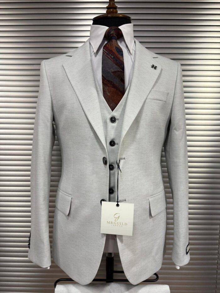 Inigo Place Slim fit grey herringbone men’s three piece suit with notch lapels