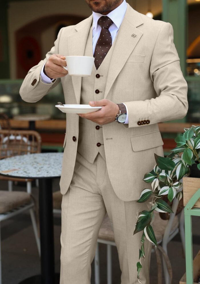 Manza Place SLIM FIT CREAM MEN’S THREE PIECE SUIT WITH NOTCH LAPELS